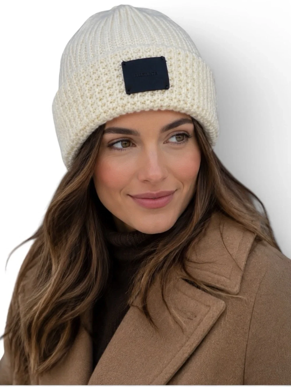 AllSaints Angled Stitch Knit Wool Blend Beanie Cream One Size NWOT